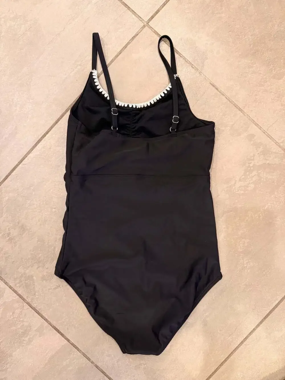 abercrombie kids Girls' Black One-Piece Swimsuit with White Shell Stitch Trim an